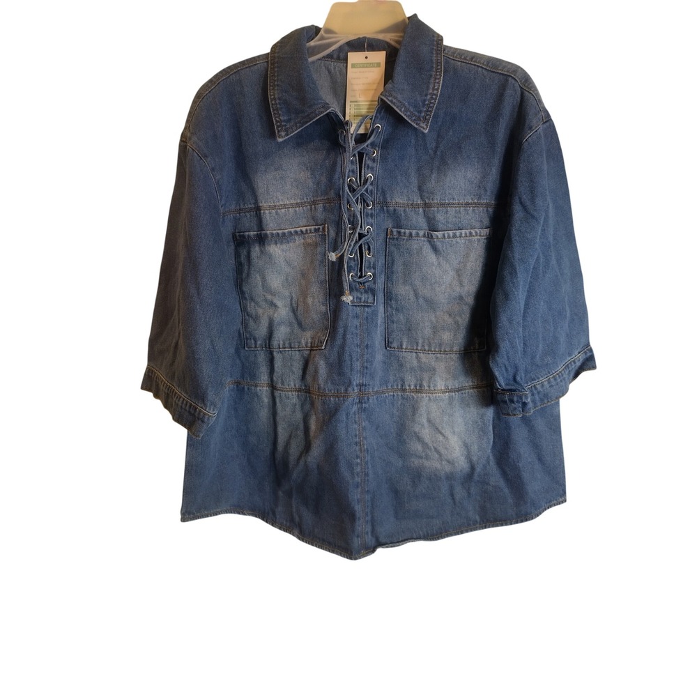 New Collection Women Blue Denim Lace Up Tunic Top Large 3/4 Sleeve Oversized